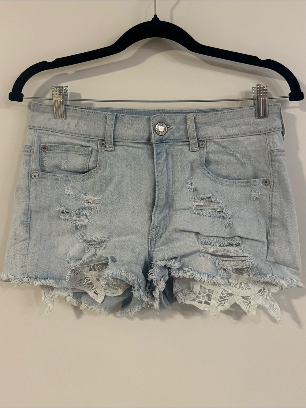 American Eagle Outfitters Light Blue Distressed Denim Shorts with Lace Trim